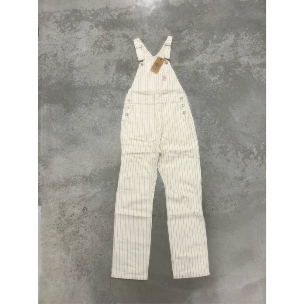 Levi’s Overalls Size 8 Medium unisex oversize beige with dark blue stripes denim